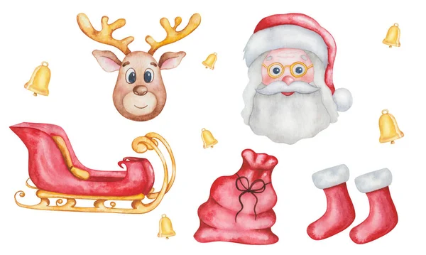 Watercolor Illustration Hand Painted Reindeer Red Boots Sleigh Santa Claus — Stock Photo, Image