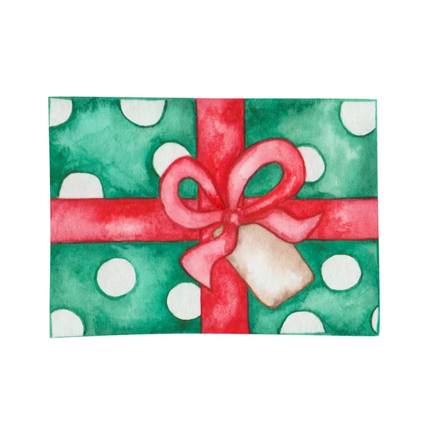手描きの緑のギフトボックスの水彩イラスト白水玉 弓付きの赤いレース ベージュカード 紙タグ 現在のボックスのトップビュー 誕生日 クリスマスカードのための孤立したクリップアート — ストック写真