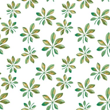 Suluboya kusursuz desen. Elle boyanmış yeşil, sarı şempanze yaprağı. Tropik yeşillik. Orman, yağmur ormanı bitkisi. Kumaş tekstil, duvar kağıdı, kart için beyaz arkaplan üzerine yazdır