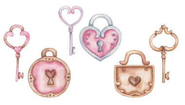 Elle boyanmış anahtarların suluboya çizimi, kalp şeklinde asma kilitler. Doğum günü kartpostalı ve düğün davetiyesi için beyaz ataç tasarım elementlerine izole edilmiş. Sevgililer Günü için aşk kartı