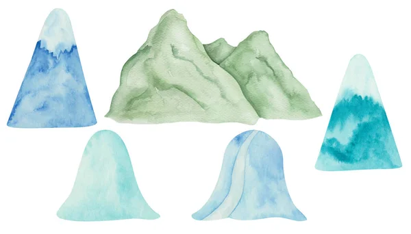 Illustrazione Acquerello Alta Montagna Verde Dipinta Mano Erba Blu Con — Foto Stock