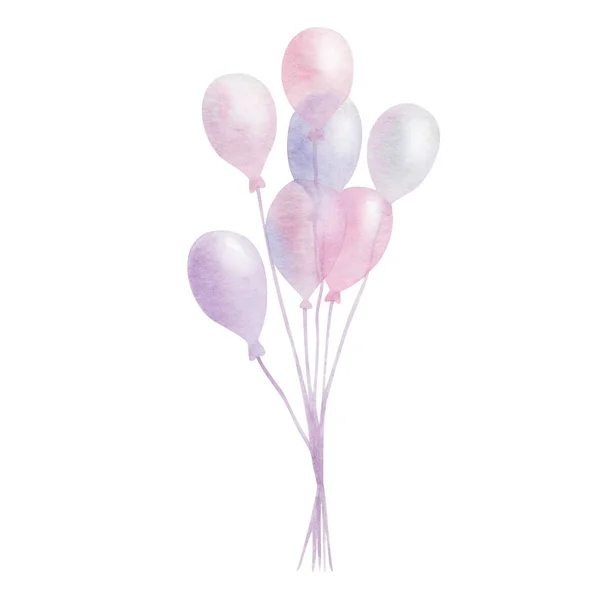 Akvarell Illustration Handmålade Heliumluftballonger Pastellrosa Blå Lila Färger Isolerad Vit — Stockfoto