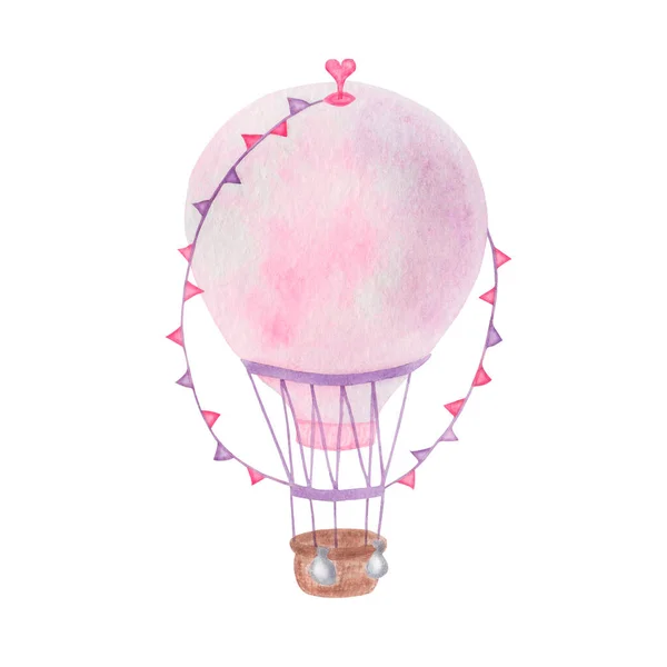 Watercolor illustration of hand painted hot air balloon in purplw, pink colors with basket, flags. Flying in the air mode of transport. Isolated clip art for prints, travel posters, tourism banners