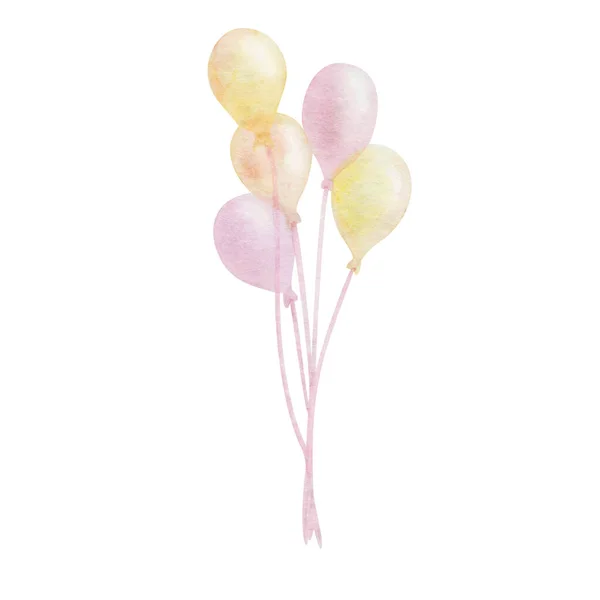 Watercolor Illustration Hand Painted Helium Air Balloons Pastel Pink Yellow — Stock Photo, Image