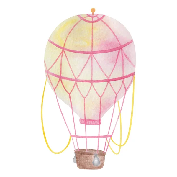 Watercolor illustration of hand painted hot air balloon in yellow, pink colors with basket, ropes. Flying in the air mode of transport. Isolated clip art for prints, travel posters, tourism banners