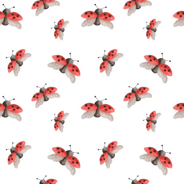 水彩画无缝图案由手绘的红色瓢虫图片与黑点和展开的翅膀 昆虫飞虫红娘甲虫 墙纸白底印花 — 图库照片