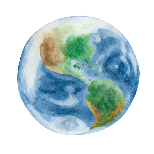 Ilustração Aquarela Planeta Terra Pintado Mão Com Oceanos Azuis Mares — Fotografia de Stock