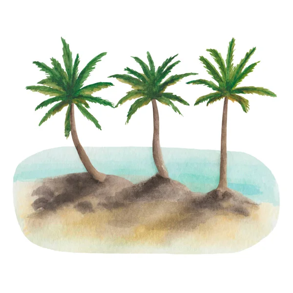 Aquarell Illustration Einer Handbemalten Insel Mit Grünen Palmen Blauem Meer — Stockfoto