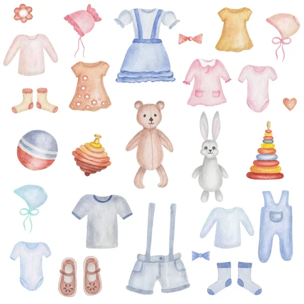 Watercolor Illustration Hand Painted Baby Clothes Dress Shorts Shirts Bonnet — Stock Photo, Image