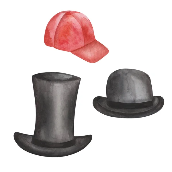 手の水彩画のイラストは 黒のボウラー帽子 背の高い紳士の帽子と赤のキャップを描いた 男性と男の子のためのアクセサリー はがき 招待状 名刺の白いクリップアート要素に分離 — ストック写真