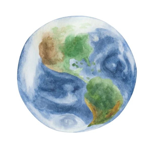 Watercolor Illustration Hand Painted Planet Earth Blue Oceans Seas Green — Stock Photo, Image