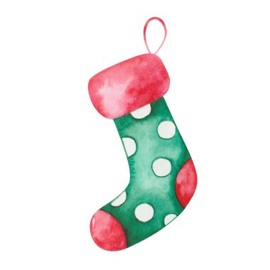 Beyaz benekli yeşil ve kırmızı çorapların suluboya çizimi. Hediye stokları, Noel Baba hediyeleri. Yılbaşı baskısı, Noel kartpostalı, poster için izole edilmiş klip sanatı