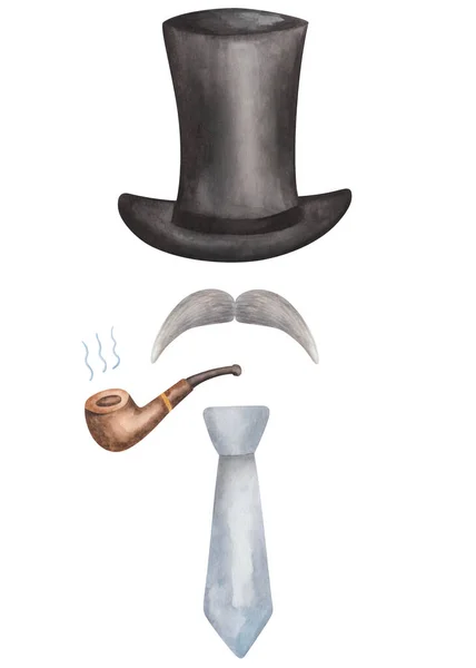 Akvarell Illustration Handmålad Svart Hög Hatt Gentleman Cylinder Brun Rökning — Stockfoto