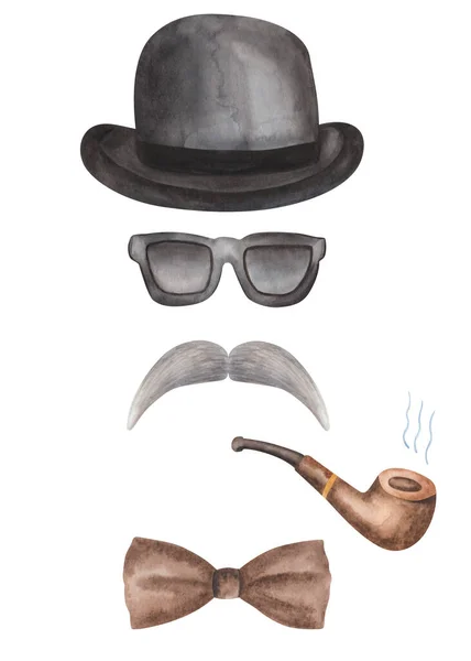 Akvarell Illustration Handmålade Svart Bowler Hatt Solglasögon Brun Rökning Pipa — Stockfoto