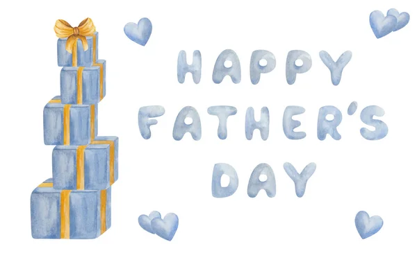 Akvarel Ilustrace Ručně Malované Modré Tučné Slova Šťastný Den Otců — Stock fotografie
