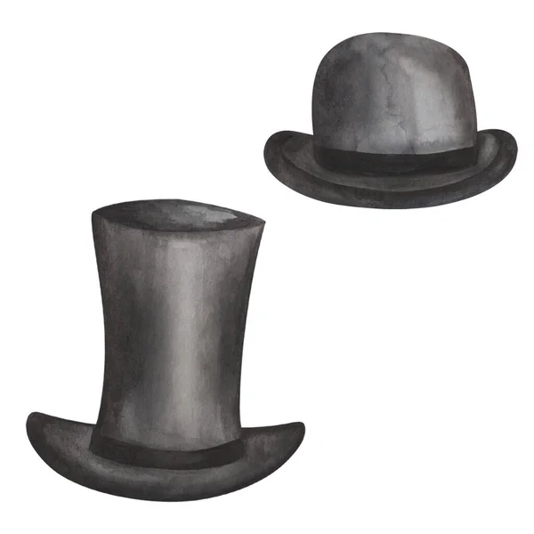手の水彩画のイラストは 黒のシリンダー ボウラー帽子 紳士のためのトップ帽子を描いた 男の子のためのレトロなスタイルの男性のヘッドウェア はがき 招待状 名刺のための孤立したクリップアート — ストック写真