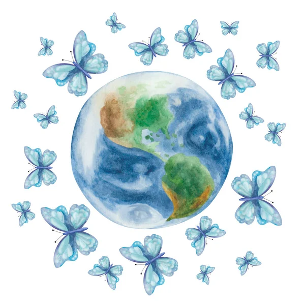 Watercolor illustration of hand painted planet Earth and blue butterflies flying around. Blue oceans, seas. Green, brown mountains, continents. White clouds. America map. Space and outer space