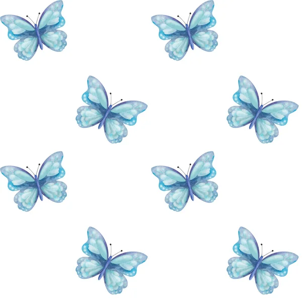 Patrón Sin Costura Acuarela Ilustración Pintada Mano Mariposas Azules Con —  Fotos de Stock