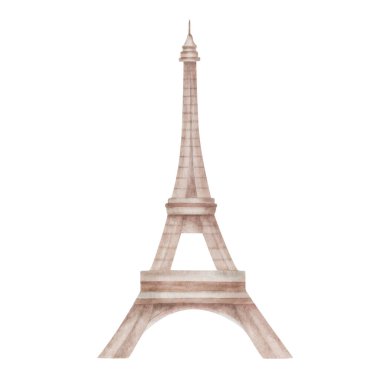 Paris 'teki el boyama kulesinin suluboya çizimi Fransa' da kahverengi ve bej renklerde. Turistik geziler. Ünlü bir dönüm noktası. Posterler, afişler, kartpostallar, iç çıkartmalar için izole klip sanatı