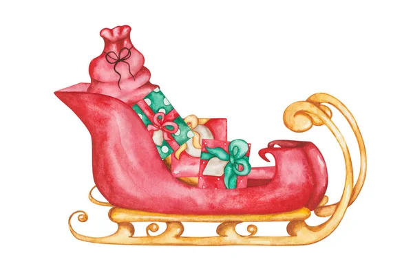 Приклад Аквареллю Пофарбовані Червоні Золоті Сани Повні Скриньок Подарунками Санта — стокове фото