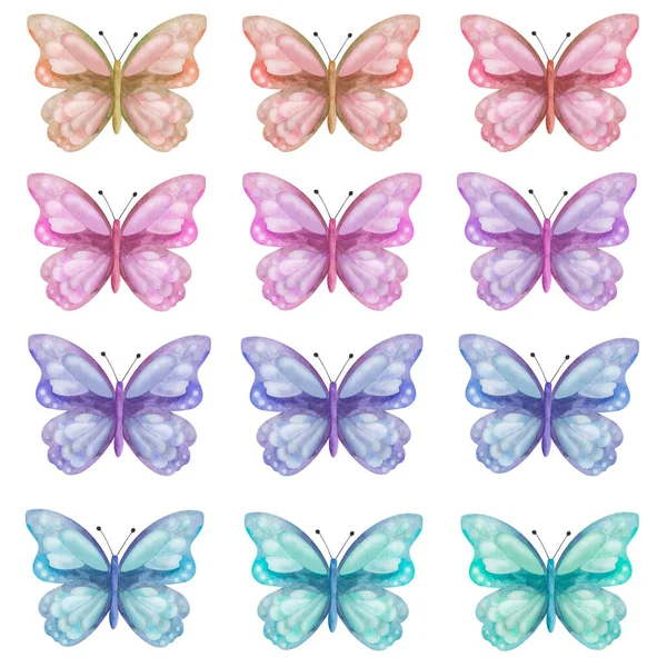 拡散翼を持つカラフルな蝶の手描きセットの水彩イラスト モナーク蝶 空飛ぶ虫蛾 ポストカード ステッカーのための分離されたクリップアート — ストック写真