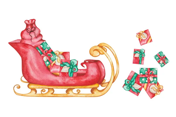 Акварельная Иллюстрация Ручной Росписи Красных Золотых Саней Полных Подарочных Коробок — стоковое фото