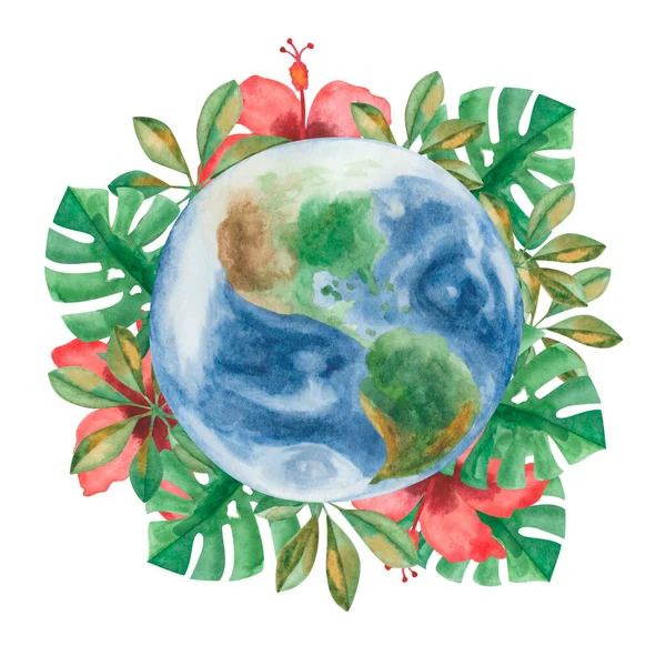 Watercolor illustration of hand painted planet Earth with red tropical hibiscus rose flower, green monstera and schefflera leaves. Blue oceans, seas, mountains, continents. Earth Day banner, poster
