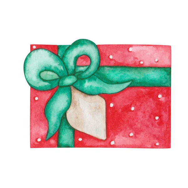Ilustracja Akwarela Ręcznie Malowane Czerwone Pudełko Białą Kropką Polka Zielona — Zdjęcie stockowe