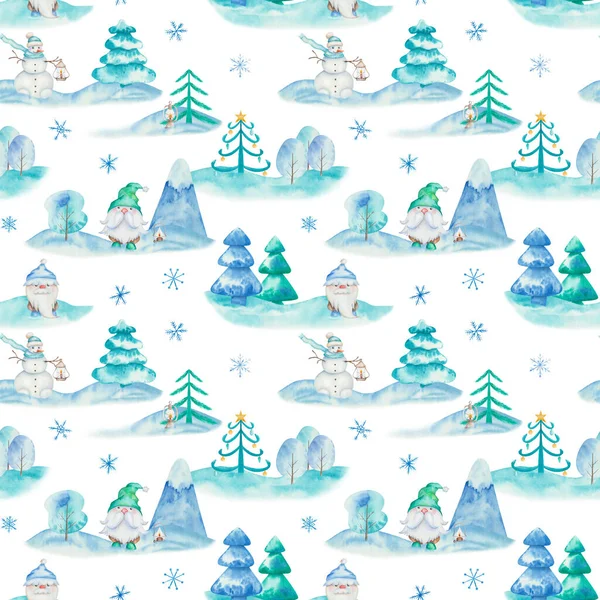 Watercolor Seamless Pattern Hand Painted Illustrations Dwarfs Snowman Gnomes Winter — Stock Photo, Image