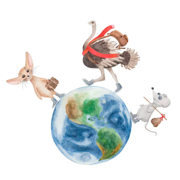 Watercolor illustration of hand painted fox fennec, ostrich bird and mouse standing on planet Earth with oceans, mountains, continents. Travelling cartoon animal characters. Earth Day banner, poster