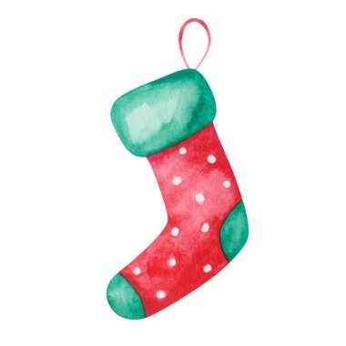 Beyaz benekli yeşil ve kırmızı çorapların suluboya çizimi. Hediye stokları, Noel Baba hediyeleri. Yılbaşı baskısı, Noel kartpostalı, poster için izole edilmiş klip sanatı