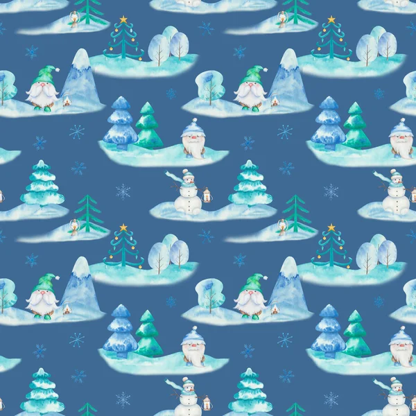 Watercolor Seamless Pattern Hand Painted Illustrations Dwarfs Snowman Gnomes Winter — Stock Photo, Image