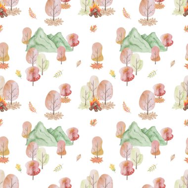 Suluboya kusursuz desen. Elle boyanmış orman resimleri. Dağlı doğa manzarası, ağaçlar, yapraklar, odun ateşleri. Ormanda yürüyüş. Tekstil ve ambalaj için beyaz arkaplan üzerine yazdır