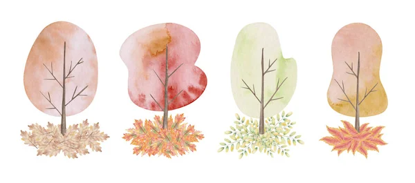 Akvarel Ilustrace Ručně Malované Stromy Větvemi Padlé Červené Hnědé Oranžové — Stock fotografie
