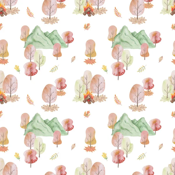 Watercolor seamless pattern. Hand painted illustrations of antumn forest. Nature scenery with mountain, trees, leaves, fire on logs. Hiking in woods. Print on white background for textile, packaging