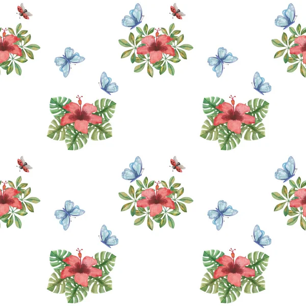 Aquarell Nahtloses Muster Aus Handgemalter Illustration Von Roter Tropischer Hibiskusblüte — Stockfoto