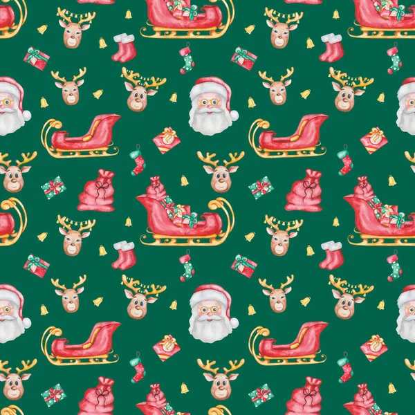Watercolor Seamless Pattern Hand Painted Illustrations Santa Claus Reindeers Stockings — Stock Photo, Image