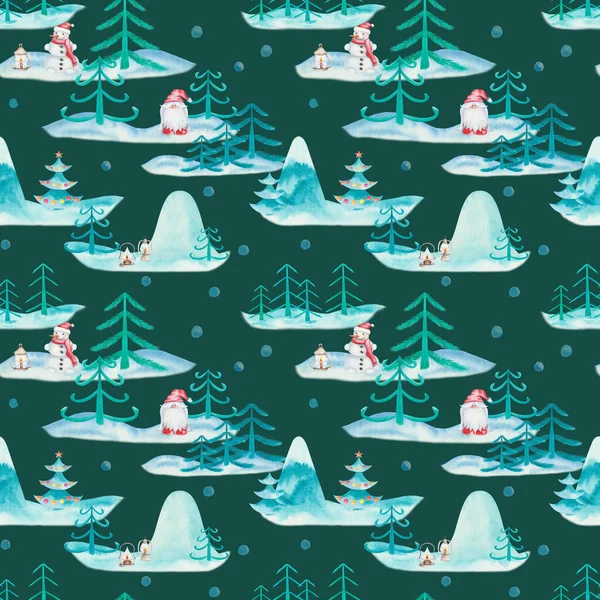Akvarell Zökkenőmentes Minta Kézzel Festett Illusztrációk Hóemberről Törpéről Lámpásokkal Erdő — Stock Fotó