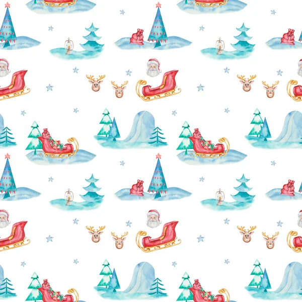 水彩画无缝图案 手绘圣诞老公公和驯鹿的画像 上面有红色雪橇 礼品盒 有雪的森林 冷杉树 在新年 圣诞节的白色背景上打印 — 图库照片