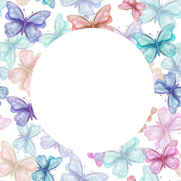 Cadre Aquarelle Illustration Peinte Main Papillons Rose Jaune Bleu Vert — Photo