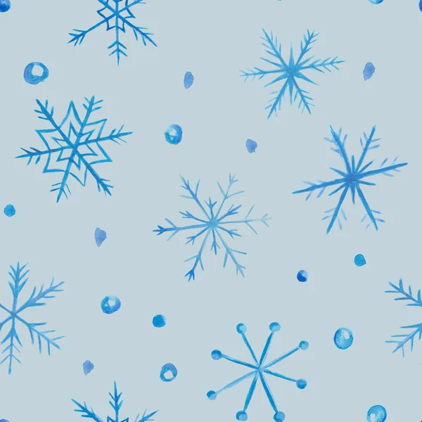 水彩シームレスパターン 華やかな形の青い雪片 雪玉の手描きイラスト 冬の雪 秋の天気 新年のための灰色の背景に印刷 クリスマス繊維 — ストック写真
