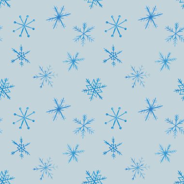 Suluboya kusursuz desen. Süslü şekilli mavi kar tanelerinin el boyaması çizimi, kartopları. Kış karı. Şov havası. Yeni yıl, Noel tekstili ve ambalaj için gri arkaplan üzerine yazdır