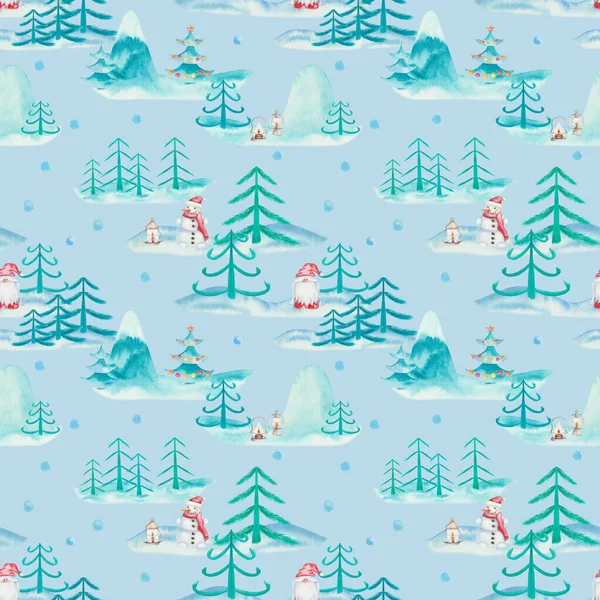 Watercolor seamless pattern. Hand painted illustrations of snow man and dwarf with lanterns. Forest with snow, fir trees, mountains. Snowfall. Print on blue background for New Year, Christmas