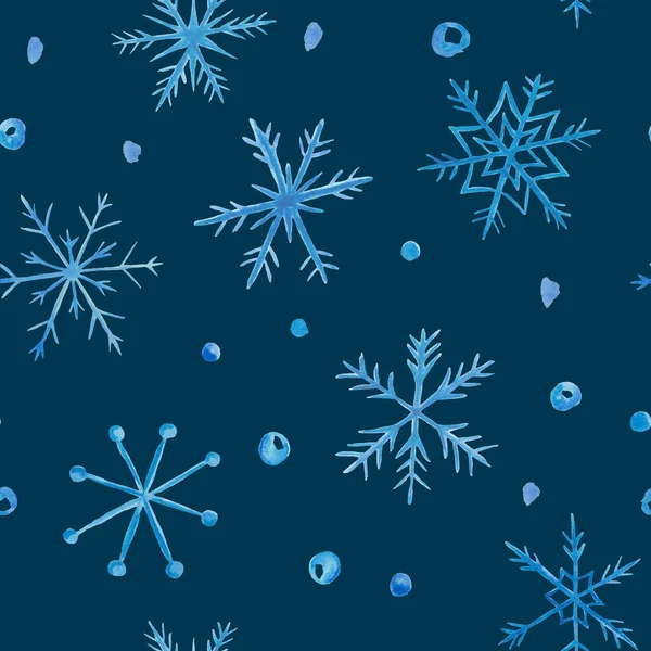 Padrão Sem Costura Aquarela Ilustração Pintada Mão Flocos Neve Azuis — Fotografia de Stock