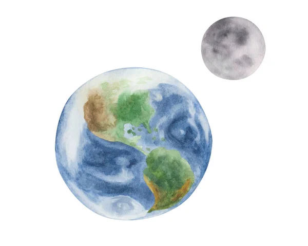 Ilustração Aquarela Pintado Mão Terra Lua Cinza Satélite Planeta Com — Fotografia de Stock