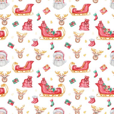 Suluboya kusursuz desen. Ren geyikleri, çoraplar, hediye kutuları, çan sesleri, kızak, kırmızı çanta. Yeni yıl ve Noel tekstili için beyaz arkaplan üzerine yazdır