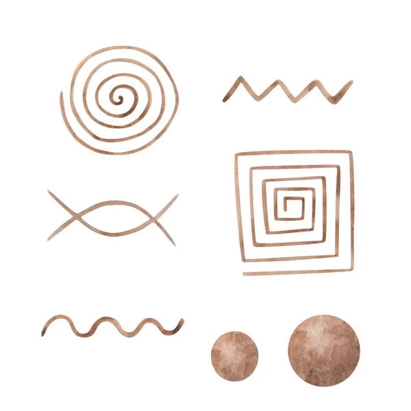 手绘水彩画抽象装饰图标 褐色圆点 正方形 锯齿形 一套埃及风格的元素 包装用孤立剪贴画 — 图库照片