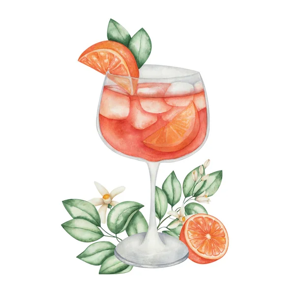 Aquarell Illustration Handbemalter Orangefarbener Cocktail Glas Mit Orangenscheibe Grünen Blättern — Stockfoto
