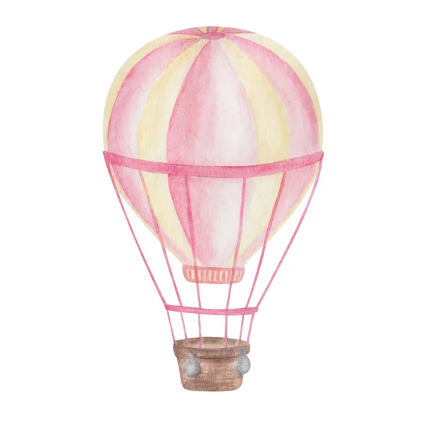 水彩画手绘热气球的黄色 粉色的篮子 在空运中飞行 用于印刷品 旅游海报 旅游横幅的孤立剪贴画 — 图库照片