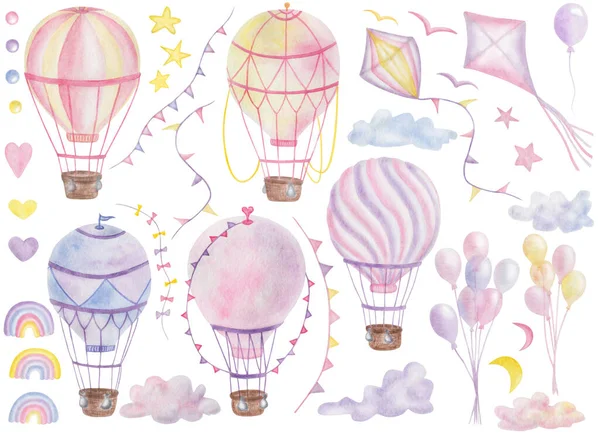 Watercolor illustration. Hand painted hot air balloons, kites, festoons with flags, clouds, rainbows in purple, blue, pink, yellow colors. Flying in the air transport. Isolated clip art for prints